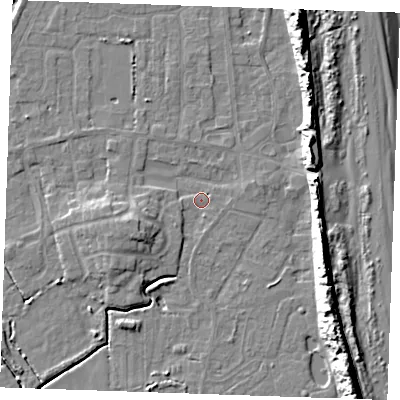 Shaded relief map of the ground around PE245YH, computed from Environment Agency LiDAR. The ground here sits at about 2 m above sea level and falls 14 m across the surrounding 800 m. Surface water reaching this point runs off ground lying to the south-west, 1.8 m higher.