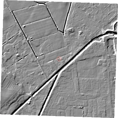 Shaded relief map of the ground around PE245YJ, computed from Environment Agency LiDAR. The ground here sits at about 2 m above sea level and falls 6 m across the surrounding 800 m. Surface water reaching this point runs off ground lying to the east-south-east, 1.1 m higher.