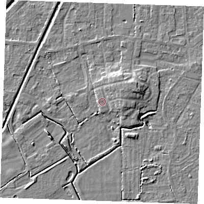 Shaded relief map of the ground around PE245YL, computed from Environment Agency LiDAR. The ground here sits at about 3 m above sea level and falls 6 m across the surrounding 800 m. Surface water reaching this point runs off ground lying to the east-north-east, 2.7 m higher.