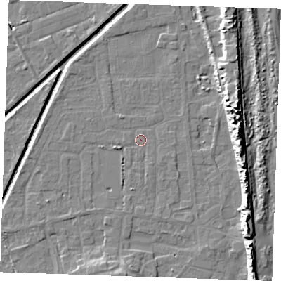 Shaded relief map of the ground around PE245YP, computed from Environment Agency LiDAR. The ground here sits at about 2 m above sea level and falls 14 m across the surrounding 800 m. Surface water reaching this point runs off ground lying to the west-south-west, 1.8 m higher.