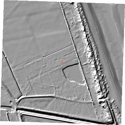 Shaded relief map of the ground around PE245YQ, computed from Environment Agency LiDAR. The ground here sits at about 3 m above sea level and falls 14 m across the surrounding 800 m. Surface water reaching this point runs off ground lying to the south-east, 10.4 m higher.