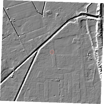 Shaded relief map of the ground around PE245YS, computed from Environment Agency LiDAR. The ground here sits at about 2 m above sea level and falls 13 m across the surrounding 800 m. Surface water reaching this point runs off ground lying to the south-west, 1.4 m higher.