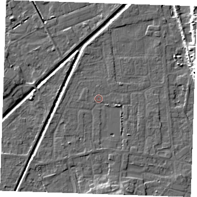 Shaded relief map of the ground around PE245YT, computed from Environment Agency LiDAR. The ground here sits at about 2 m above sea level and falls 10 m across the surrounding 800 m. Surface water reaching this point runs off ground lying to the south-east, 1.5 m higher.