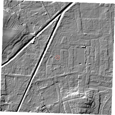 Shaded relief map of the ground around PE245YU, computed from Environment Agency LiDAR. The ground here sits at about 2 m above sea level and falls 6 m across the surrounding 800 m. The ground contributing surface water to this point lies to the north-north-west.