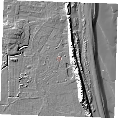 Shaded relief map of the ground around PE245YW, computed from Environment Agency LiDAR. The ground here sits at about 2 m above sea level and falls 18 m across the surrounding 800 m. Surface water reaching this point runs off ground lying to the south-south-east, 14.4 m higher.