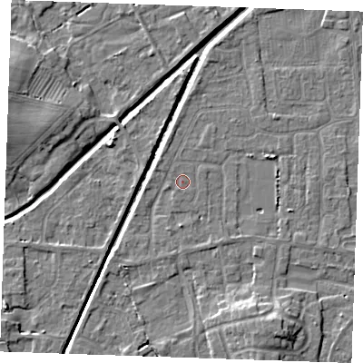 Shaded relief map of the ground around PE245YX, computed from Environment Agency LiDAR. The ground here sits at about 2 m above sea level and falls 6 m across the surrounding 800 m. The ground contributing surface water to this point lies to the north-west.