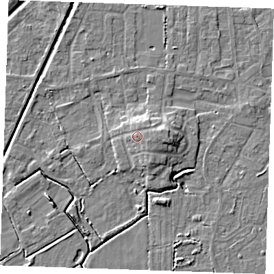 Shaded relief map of the ground around PE245YY, computed from Environment Agency LiDAR. The ground here sits at about 5 m above sea level and falls 6 m across the surrounding 800 m. Surface water reaching this point runs off ground lying to the east, 1.6 m higher.