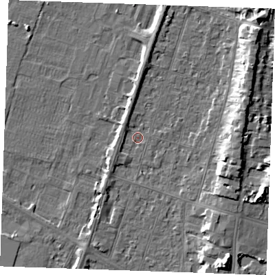 Shaded relief map of the ground around PE251AF, computed from Environment Agency LiDAR. The ground here sits at about 3 m above sea level and falls 9 m across the surrounding 800 m. Surface water reaching this point runs off ground lying to the north-west, 1.6 m higher.
