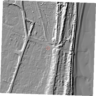 Shaded relief map of the ground around PE251AP, computed from Environment Agency LiDAR. The ground here sits at about 4 m above sea level and falls 13 m across the surrounding 800 m. Surface water reaching this point runs off ground lying to the east, 4.9 m higher.
