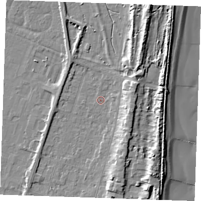 Shaded relief map of the ground around PE251AS, computed from Environment Agency LiDAR. The ground here sits at about 3 m above sea level and falls 12 m across the surrounding 800 m. Surface water reaching this point runs off ground lying to the east-north-east, 6.4 m higher.
