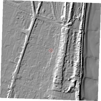 Shaded relief map of the ground around PE251AT, computed from Environment Agency LiDAR. The ground here sits at about 3 m above sea level and falls 12 m across the surrounding 800 m. Surface water reaching this point runs off ground lying to the east-north-east, 6.7 m higher.