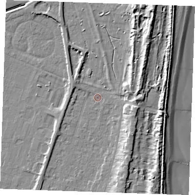 Shaded relief map of the ground around PE251AW, computed from Environment Agency LiDAR. The ground here sits at about 3 m above sea level and falls 12 m across the surrounding 800 m. Surface water reaching this point runs off ground lying to the west-north-west, 2.4 m higher.