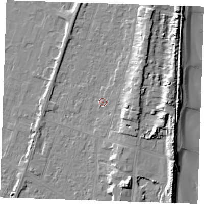 Shaded relief map of the ground around PE251AX, computed from Environment Agency LiDAR. The ground here sits at about 3 m above sea level and falls 12 m across the surrounding 800 m. Surface water reaching this point runs off ground lying to the east-south-east, 5.2 m higher.
