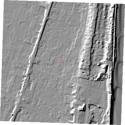 Shaded relief map of the ground around PE251AY, computed from Environment Agency LiDAR. The ground here sits at about 3 m above sea level and falls 11 m across the surrounding 800 m. Surface water reaching this point runs off ground lying to the east, 5.5 m higher.