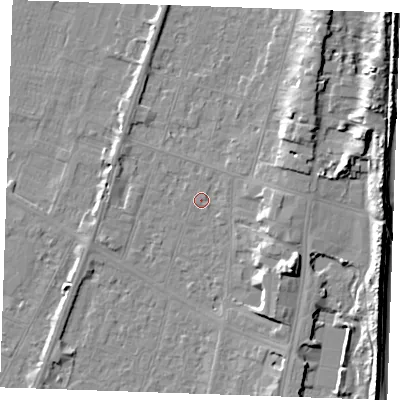 Shaded relief map of the ground around PE251AZ, computed from Environment Agency LiDAR. The ground here sits at about 3 m above sea level and falls 9 m across the surrounding 800 m. Surface water reaching this point runs off ground lying to the north-east, 0.8 m higher.