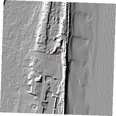 Shaded relief map of the ground around PE251BF, computed from Environment Agency LiDAR. The ground here sits at about 5 m above sea level and falls 13 m across the surrounding 800 m. Surface water reaching this point runs off ground lying to the north, 5.3 m higher.