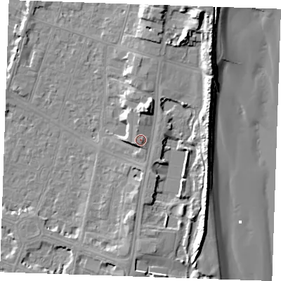 Shaded relief map of the ground around PE251BG, computed from Environment Agency LiDAR. The ground here sits at about 7 m above sea level and falls 13 m across the surrounding 800 m. Surface water reaching this point runs off ground lying to the west, 1.4 m higher.