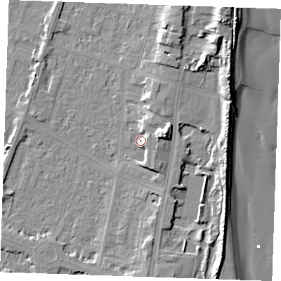 Shaded relief map of the ground around PE251BJ, computed from Environment Agency LiDAR. The ground here sits at about 4 m above sea level and falls 13 m across the surrounding 800 m. Surface water reaching this point runs off ground lying to the east-north-east, 4.0 m higher.