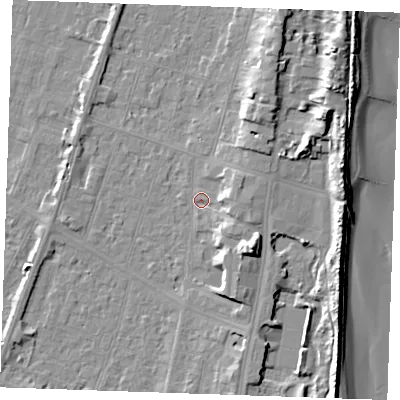 Shaded relief map of the ground around PE251BL, computed from Environment Agency LiDAR. The ground here sits at about 4 m above sea level and falls 12 m across the surrounding 800 m. Surface water reaching this point runs off ground lying to the east-north-east, 3.3 m higher.