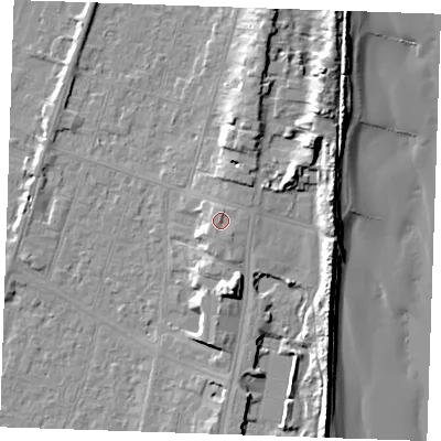 Shaded relief map of the ground around PE251BN, computed from Environment Agency LiDAR. The ground here sits at about 7 m above sea level and falls 13 m across the surrounding 800 m. Surface water reaching this point runs off ground lying to the south, 0.8 m higher.