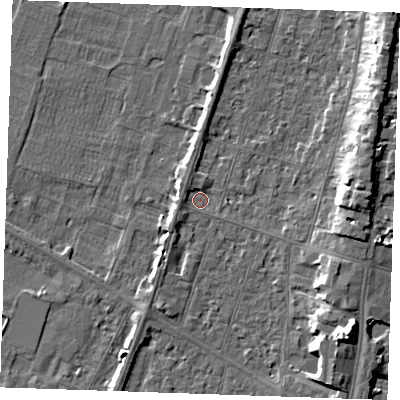 Shaded relief map of the ground around PE251BP, computed from Environment Agency LiDAR. The ground here sits at about 3 m above sea level and falls 9 m across the surrounding 800 m. Surface water reaching this point runs off ground lying to the north-west, 1.4 m higher.