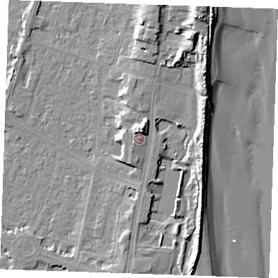 Shaded relief map of the ground around PE251BQ, computed from Environment Agency LiDAR. The ground here sits at about 7 m above sea level and falls 13 m across the surrounding 800 m. Surface water reaching this point runs off ground lying to the north-north-east, 4.9 m higher.