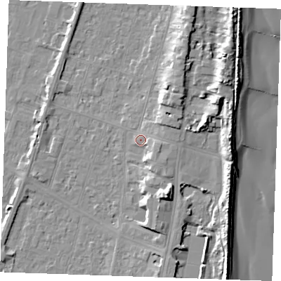 Shaded relief map of the ground around PE251BT, computed from Environment Agency LiDAR. The ground here sits at about 4 m above sea level and falls 13 m across the surrounding 800 m. Surface water reaching this point runs off ground lying to the east-north-east, 1.7 m higher.