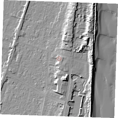 Shaded relief map of the ground around PE251BU, computed from Environment Agency LiDAR. The ground here sits at about 6 m above sea level and falls 13 m across the surrounding 800 m. Surface water reaching this point runs off ground lying to the east-south-east, 2.9 m higher.