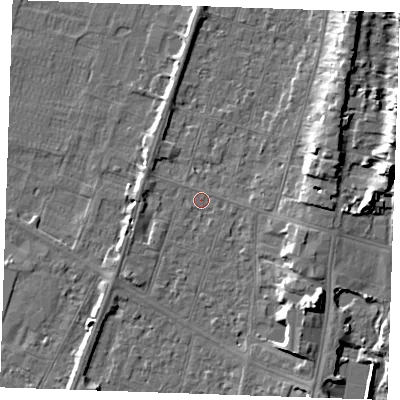 Shaded relief map of the ground around PE251BW, computed from Environment Agency LiDAR. The ground here sits at about 3 m above sea level and falls 9 m across the surrounding 800 m. Surface water reaching this point runs off ground lying to the west, 1.7 m higher.