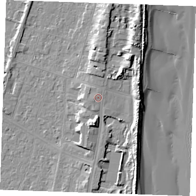 Shaded relief map of the ground around PE251BY, computed from Environment Agency LiDAR. The ground here sits at about 6 m above sea level and falls 13 m across the surrounding 800 m. Surface water reaching this point runs off ground lying to the south-south-west, 1.3 m higher.