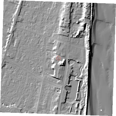 Shaded relief map of the ground around PE251DA, computed from Environment Agency LiDAR. The ground here sits at about 7 m above sea level and falls 13 m across the surrounding 800 m. Surface water reaching this point runs off ground lying to the south-east, 4.5 m higher.