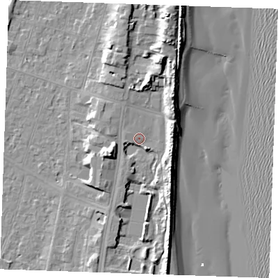 Shaded relief map of the ground around PE251DB, computed from Environment Agency LiDAR. The ground here sits at about 5 m above sea level and falls 13 m across the surrounding 800 m. Surface water reaching this point runs off ground lying to the west-south-west, 2.3 m higher.