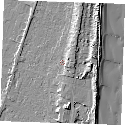 Shaded relief map of the ground around PE251DH, computed from Environment Agency LiDAR. The ground here sits at about 4 m above sea level and falls 13 m across the surrounding 800 m. Surface water reaching this point runs off ground lying to the east-north-east, 4.7 m higher.