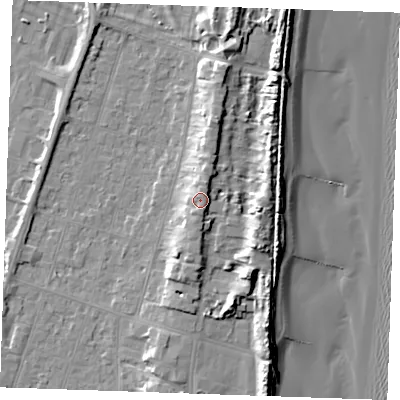 Shaded relief map of the ground around PE251DJ, computed from Environment Agency LiDAR. The ground here sits at about 8 m above sea level and falls 13 m across the surrounding 800 m. Surface water reaching this point runs off ground lying to the north-east, 1.0 m higher.