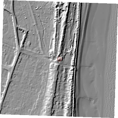 Shaded relief map of the ground around PE251DN, computed from Environment Agency LiDAR. The ground here sits at about 8 m above sea level and falls 13 m across the surrounding 800 m. Surface water reaching this point runs off ground lying to the north, 3.0 m higher.