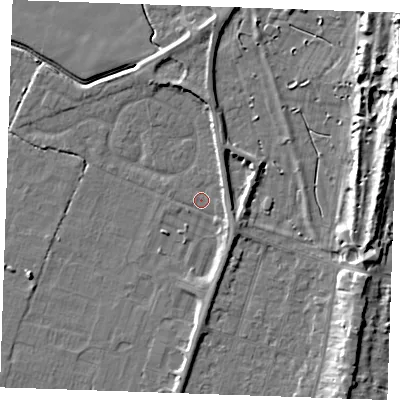 Shaded relief map of the ground around PE251DP, computed from Environment Agency LiDAR. The ground here sits at about 2 m above sea level and falls 11 m across the surrounding 800 m. Surface water reaching this point runs off ground lying to the east, 2.2 m higher.