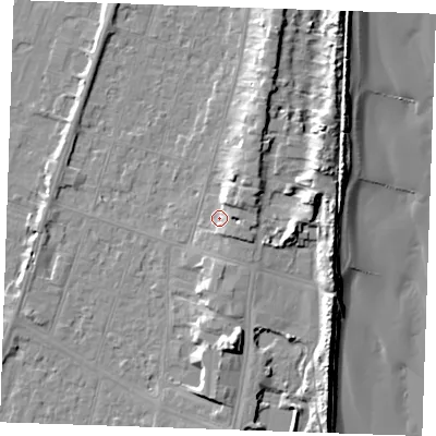 Shaded relief map of the ground around PE251DQ, computed from Environment Agency LiDAR. The ground here sits at about 5 m above sea level and falls 13 m across the surrounding 800 m. Surface water reaching this point runs off ground lying to the north-east, 4.1 m higher.
