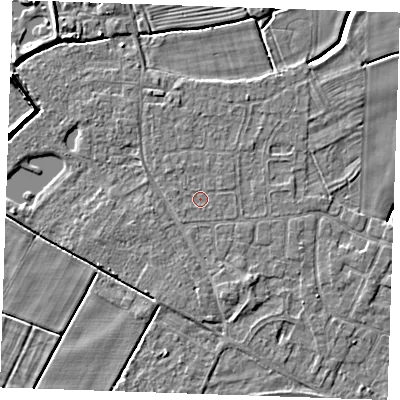 Shaded relief map of the ground around PE251DS, computed from Environment Agency LiDAR. The ground here sits at about 2 m above sea level and falls 6 m across the surrounding 800 m. The ground contributing surface water to this point lies to the north-north-west.