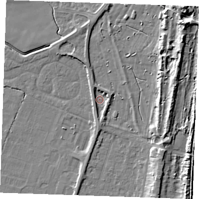 Shaded relief map of the ground around PE251DT, computed from Environment Agency LiDAR. The ground here sits at about 2 m above sea level and falls 13 m across the surrounding 800 m. Surface water reaching this point runs off ground lying to the east-north-east, 3.0 m higher.