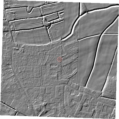 Shaded relief map of the ground around PE251EA, computed from Environment Agency LiDAR. The ground here sits at about 2 m above sea level and falls 3 m across the surrounding 800 m. Surface water reaching this point runs off ground lying to the north, 0.6 m higher.