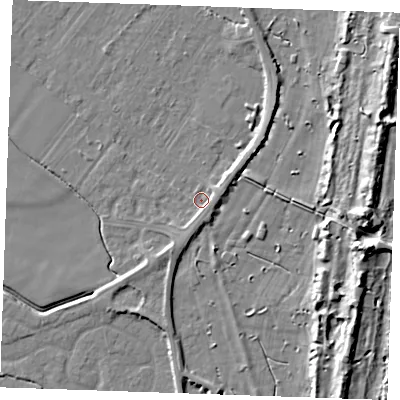 Shaded relief map of the ground around PE251EB, computed from Environment Agency LiDAR. The ground here sits at about 2 m above sea level and falls 13 m across the surrounding 800 m. Surface water reaching this point runs off ground lying to the south, 2.4 m higher.