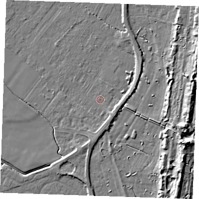 Shaded relief map of the ground around PE251ED, computed from Environment Agency LiDAR. The ground here sits at about 2 m above sea level and falls 13 m across the surrounding 800 m. Surface water reaching this point runs off ground lying to the east-north-east, 3.1 m higher.
