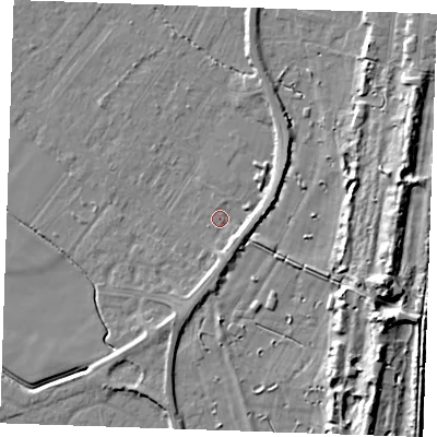Shaded relief map of the ground around PE251EE, computed from Environment Agency LiDAR. The ground here sits at about 2 m above sea level and falls 13 m across the surrounding 800 m. Surface water reaching this point runs off ground lying to the east-north-east, 3.1 m higher.