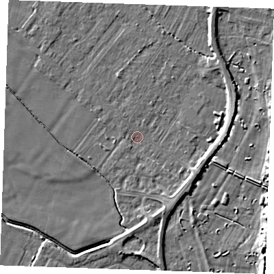 Shaded relief map of the ground around PE251EF, computed from Environment Agency LiDAR. The ground here sits at about 2 m above sea level and falls 8 m across the surrounding 800 m. Surface water reaching this point runs off ground lying to the east, 3.1 m higher.