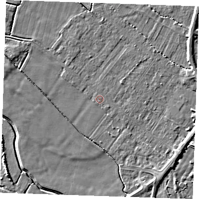 Shaded relief map of the ground around PE251EG, computed from Environment Agency LiDAR. The ground here sits at about 2 m above sea level and falls 5 m across the surrounding 800 m. The ground contributing surface water to this point lies to the south-east.