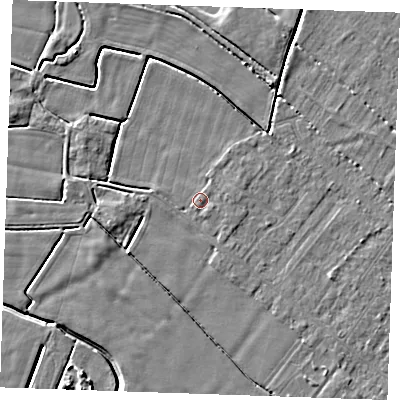 Shaded relief map of the ground around PE251EH, computed from Environment Agency LiDAR. The ground here sits at about 2 m above sea level and falls 5 m across the surrounding 800 m. Surface water reaching this point runs off ground lying to the east, 1.0 m higher.