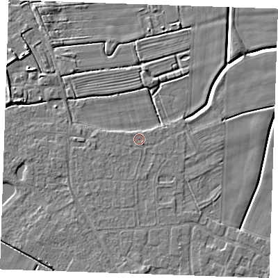 Shaded relief map of the ground around PE251EL, computed from Environment Agency LiDAR. The ground here sits at about 2 m above sea level and falls 4 m across the surrounding 800 m. Surface water reaching this point runs off ground lying to the south-east, 1.6 m higher.
