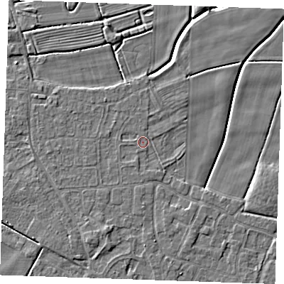 Shaded relief map of the ground around PE251EQ, computed from Environment Agency LiDAR. The ground here sits at about 2 m above sea level and falls 3 m across the surrounding 800 m. Surface water reaching this point runs off ground lying to the north-west, 0.8 m higher.
