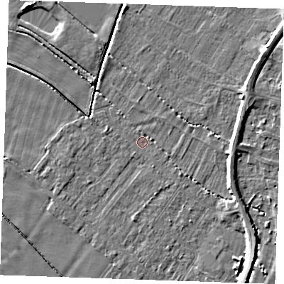 Shaded relief map of the ground around PE251ES, computed from Environment Agency LiDAR. The ground here sits at about 2 m above sea level and falls 5 m across the surrounding 800 m. Surface water reaching this point runs off ground lying to the east-south-east, 3.2 m higher.