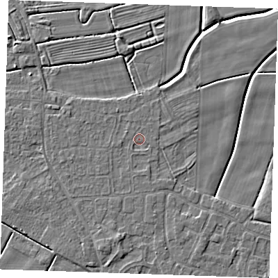 Shaded relief map of the ground around PE251ET, computed from Environment Agency LiDAR. The ground here sits at about 2 m above sea level and falls 4 m across the surrounding 800 m. The ground contributing surface water to this point lies to the west-north-west.